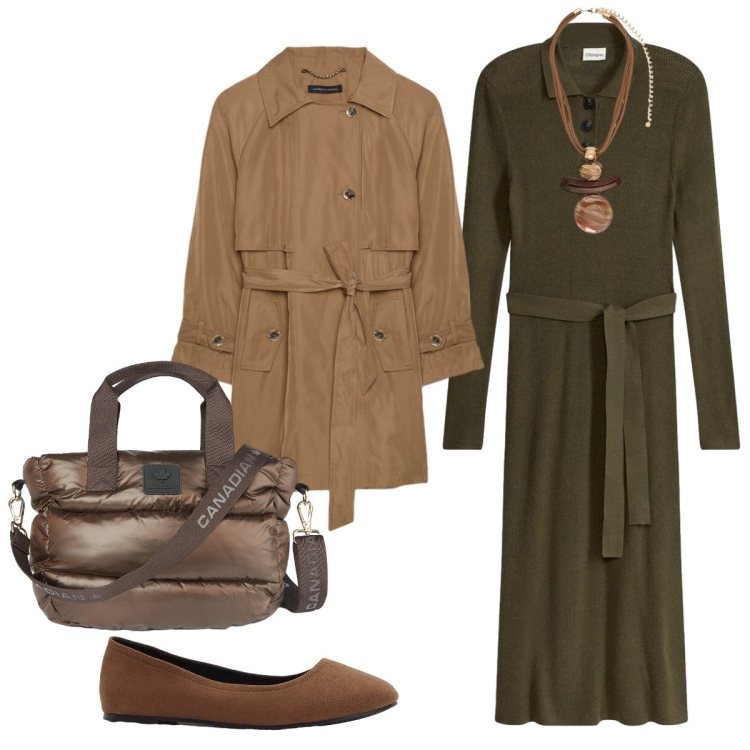 Outfit donna - Accenni d’autunno. Stile Bon Ton per Ufficio. Abbinamento con vestiti midi/longuette, ballerine, ciondoli, trench, borse a tracolla.