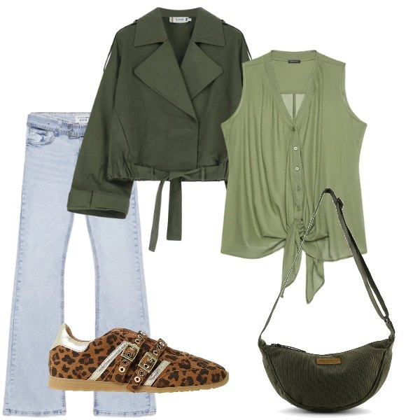 Outfit donna - Autunno. Stile Casual per Tutti i giorni. Abbinamento con sneakers, jeans a zampa, parka, top, borse a tracolla.