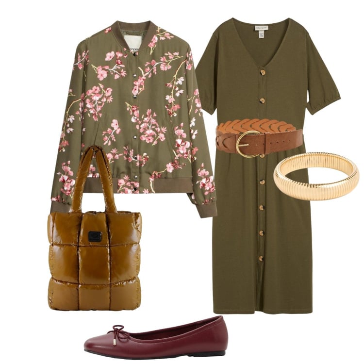 Outfit donna - Originale con il bomber a fiori. Stile Bon Ton per Ufficio. Abbinamento con ballerine, braccialetti, vestiti midi/longuette, bomber, cinture, shopping bag.