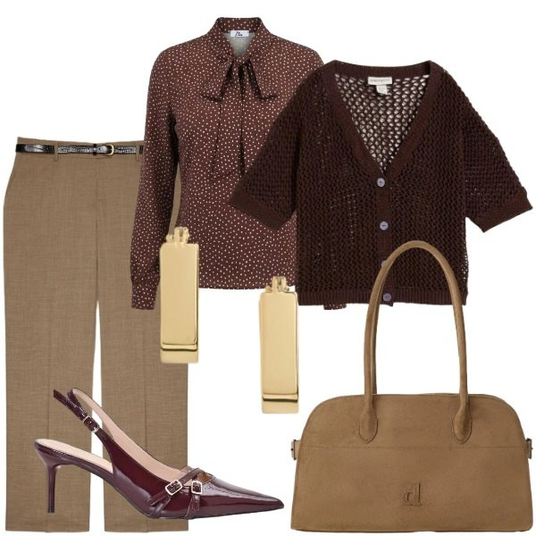 Outfit donna - Autunno. Stile Casual chic per Ufficio. Abbinamento con cardigans, borse a spalla, bluse, décolleté, pantaloni, orecchini.