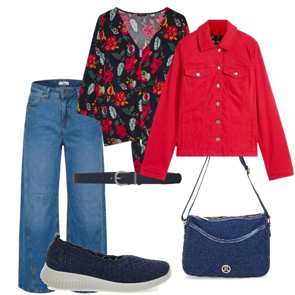 Outfit donna - In rosso e blu. Stile Casual per Tutti i giorni. Abbinamento con blazer, cinture, jeans, bluse, borse a tracolla, mocassini.