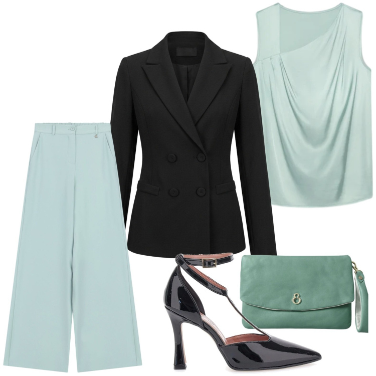 Outfit donna - Sea glamour. Stile Glamour per Tutti i giorni. Abbinamento con pantaloni a palazzo, bluse, pochette, blazer, décolleté.