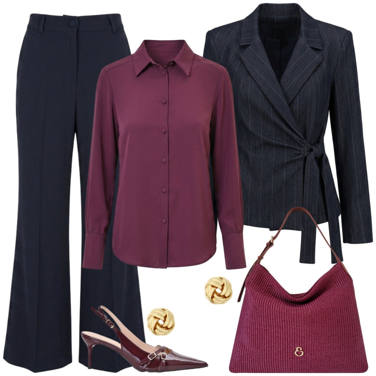 Outfit donna - Il tailleur pantalone blu e le chanel. Stile Chic per Ufficio. Abbinamento con camicie, décolleté, borse a spalla, blazer, pantaloni, orecchini.