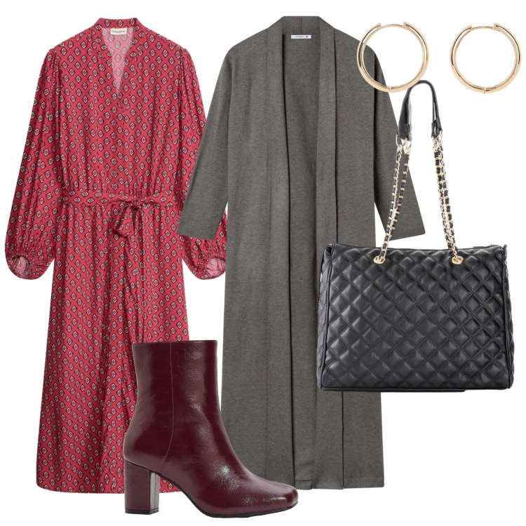 Outfit donna - Vestito autunnale. per Tutti i giorni. Abbinamento con vestiti chemisier, stivaletti, orecchini, borse a mano, cardigans.