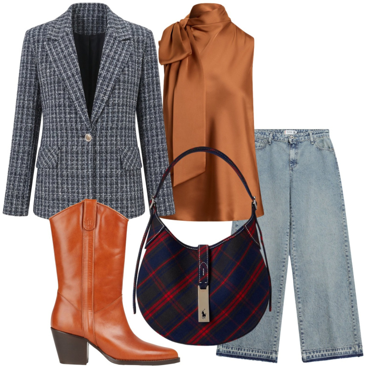 Outfit donna - Navy check. Stile Casual per Tutti i giorni. Abbinamento con stivaletti texani, blazer, jeans dritti, bluse, borse a spalla.