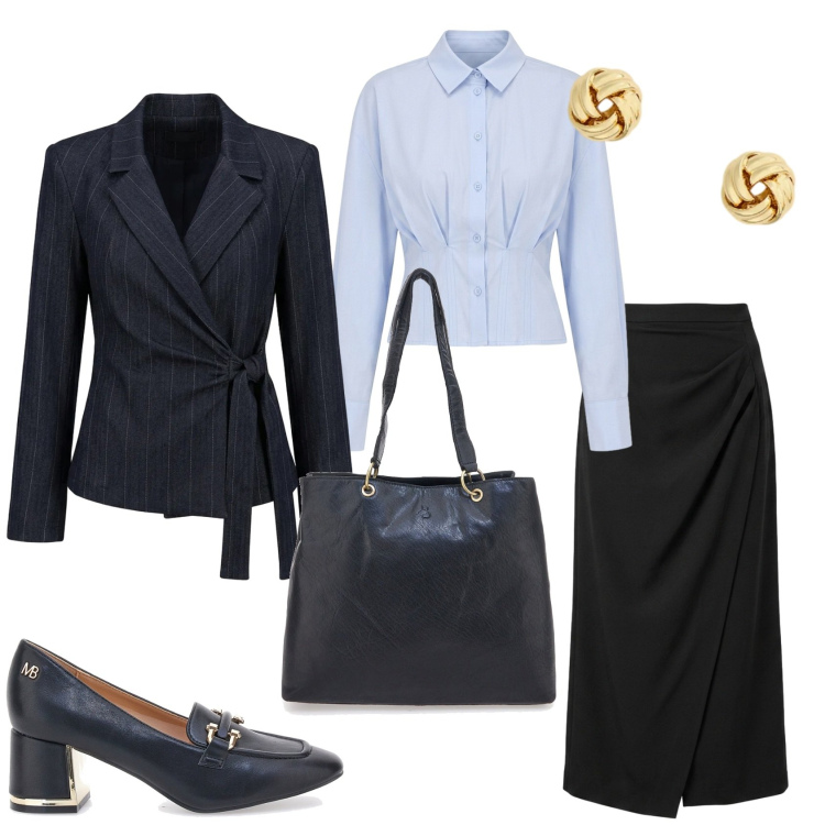 Outfit donna - Rientro in ufficio. Stile Chic per Ufficio. Abbinamento con camicie, gonne lunghe, blazer, orecchini, shopping bag, décolleté.