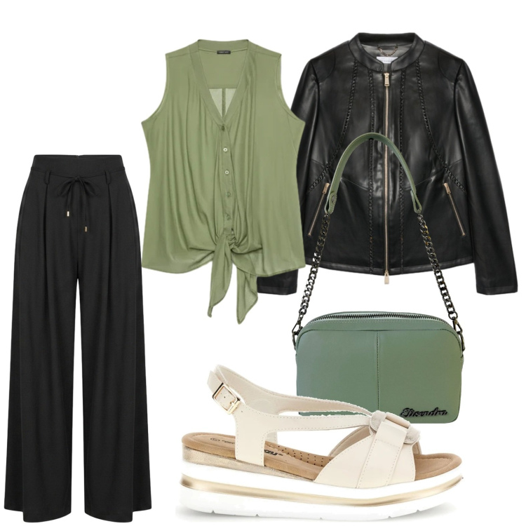 Outfit donna - Twist raffinato. Stile Casual per Tutti i giorni. Abbinamento con top, blazer, borse a tracolla, pantaloni a palazzo, sandali.