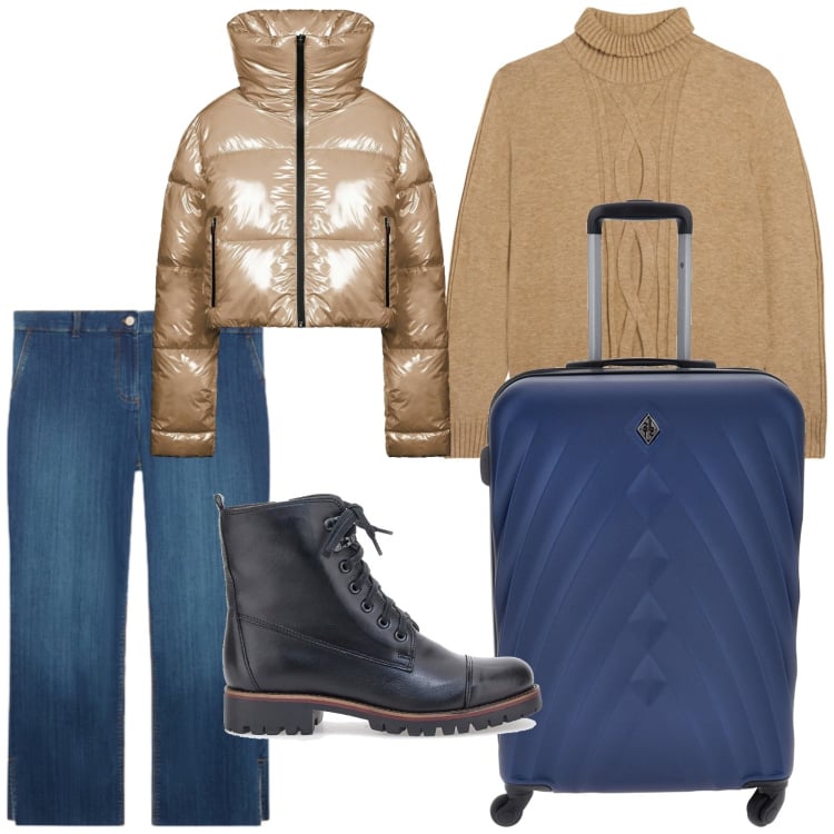 Outfit donna - Chic in viaggio. Stile Casual per Tutti i giorni. Abbinamento con maglieria, jeans dritti, piumini, valigie, stivaletti.