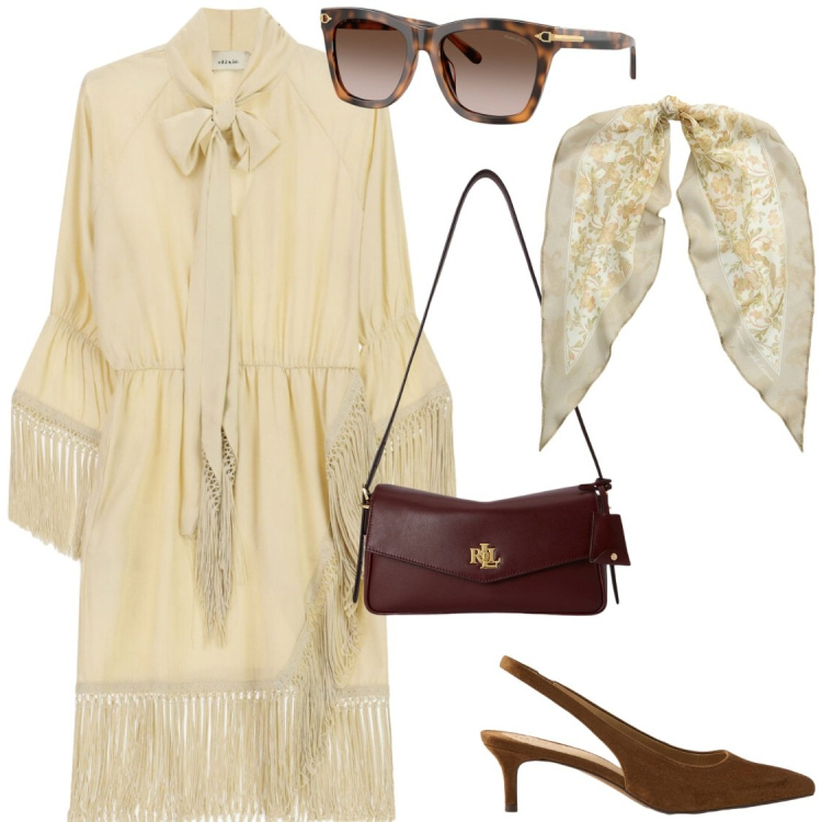 Outfit donna - Settembre chic. Stile Chic per Serata fuori. Abbinamento con vestiti corti, occhiali da sole, décolleté, foulard, borse a spalla.