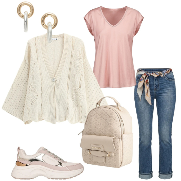 Outfit donna - Total look #2463642. Stile Casual per Tutti i giorni. Abbinamento con zaini, cardigans, t-shirt, jeans, orecchini, sneakers.