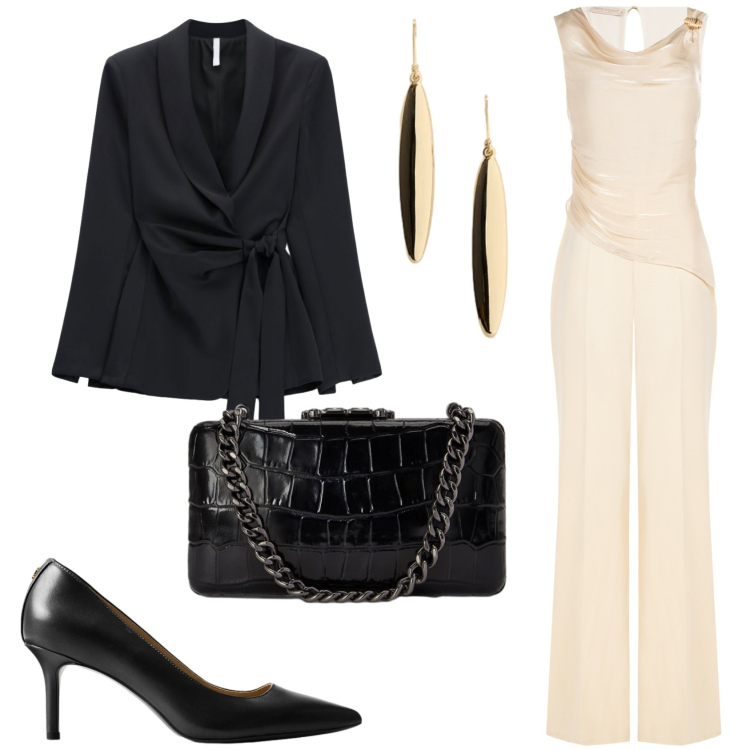 Outfit donna - Cerimonia. Stile Glamour per Cerimonia. Abbinamento con blazer, tute, orecchini, clutch, décolleté.