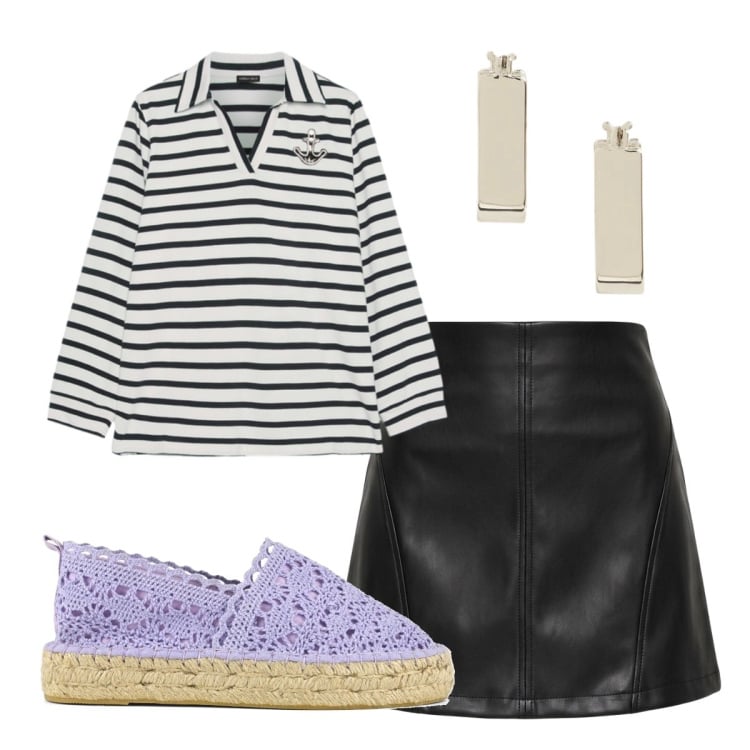 Outfit donna - Ufficio settembre. Stile Rock per Ufficio. Abbinamento con minigonne, polo, orecchini, espadrillas.