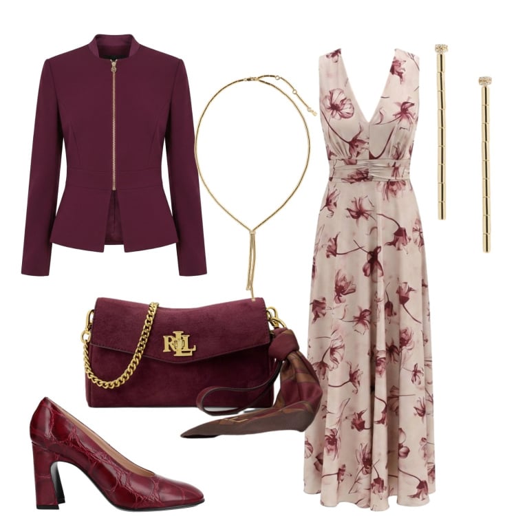 Outfit donna - Total look #2463652. Stile Glamour per Cerimonia. Abbinamento con décolleté, vestiti lunghi, blazer, orecchini, borse a tracolla, collane.