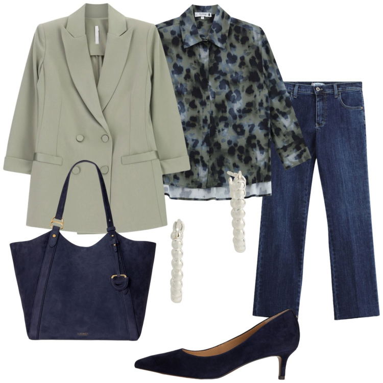 Outfit donna - Total look #2463653. Stile Casual chic per Serata fuori. Abbinamento con blazer, camicie, jeans slim fit, orecchini, décolleté, borse tote.