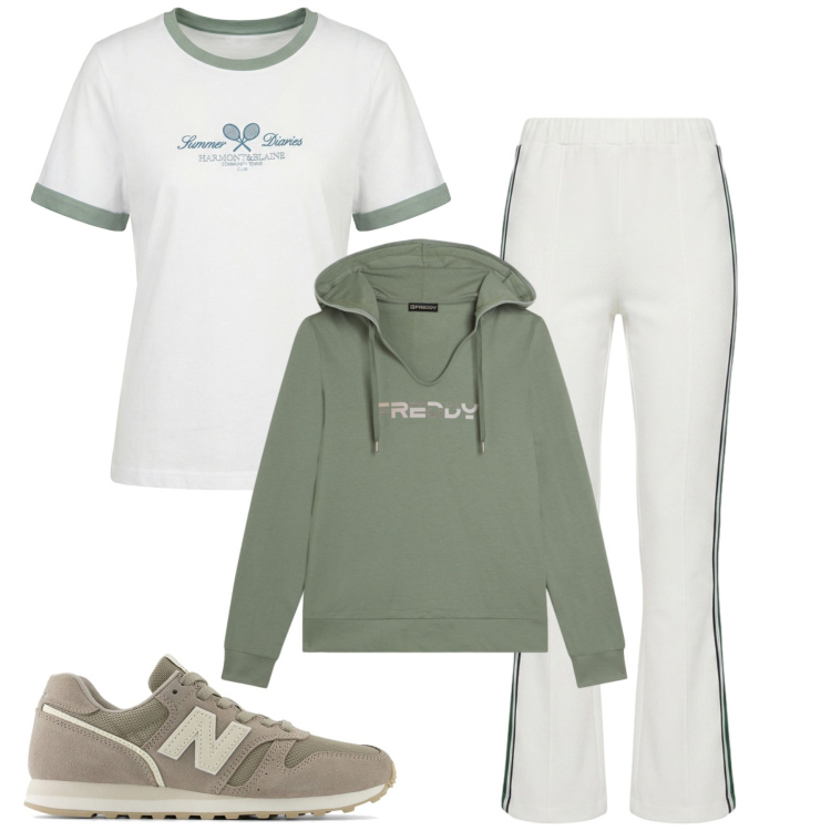 Outfit donna - Sporty. Stile Sporty chic per Tutti i giorni. Abbinamento con pantaloni, t-shirt, felpe con cappuccio, sneakers.