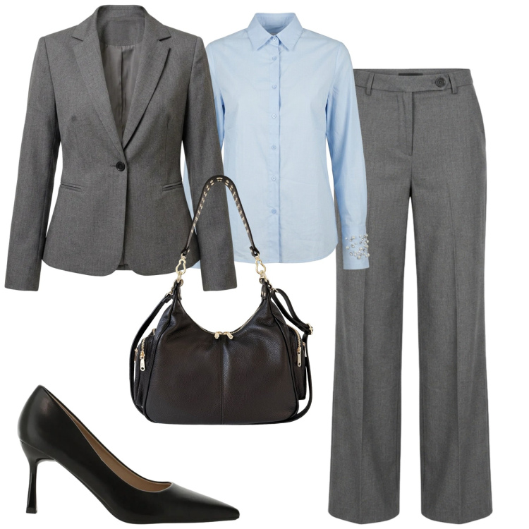 Outfit donna - In ufficio. Stile Chic per Ufficio. Abbinamento con décolleté, borse a spalla, pantaloni a palazzo, blazer, camicie.