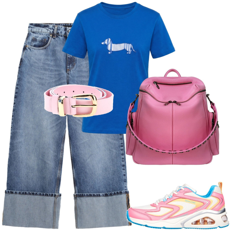 Outfit donna - Rientro a scuola. Stile Sporty chic per Scuola/Università. Abbinamento con t-shirt, jeans, zaini, sneakers, cinture.
