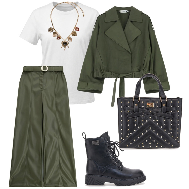 Outfit donna - Urban in green. per Tutti i giorni. Abbinamento con pantaloni, parka, collane, t-shirt, borse a mano, anfibi.