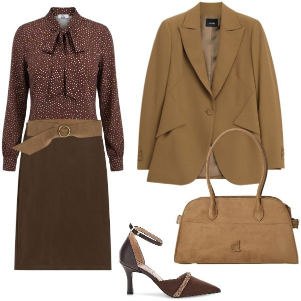 Outfit donna - Total look #2463681. Stile Casual chic per Ufficio. Abbinamento con bluse, gonne longuette, borse a spalla, cinture, blazer, décolleté.