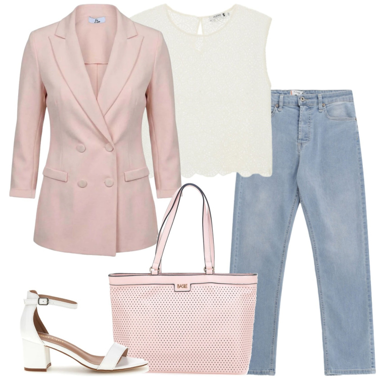 Outfit donna - Deliziosa in ufficio. Stile Casual per Ufficio. Abbinamento con blazer, jeans, bluse, borse a spalla, sandali col tacco.