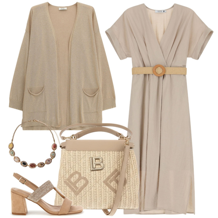 Outfit donna - Un colore. Stile Casual per Ufficio. Abbinamento con vestiti midi/longuette, cardigans, collane, sandali col tacco, borse a tracolla.