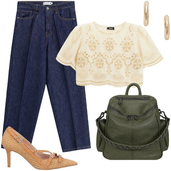 Outfit donna - Total look #2463686. Stile Trendy per Tutti i giorni. Abbinamento con décolleté, top, jeans, zaini, orecchini.