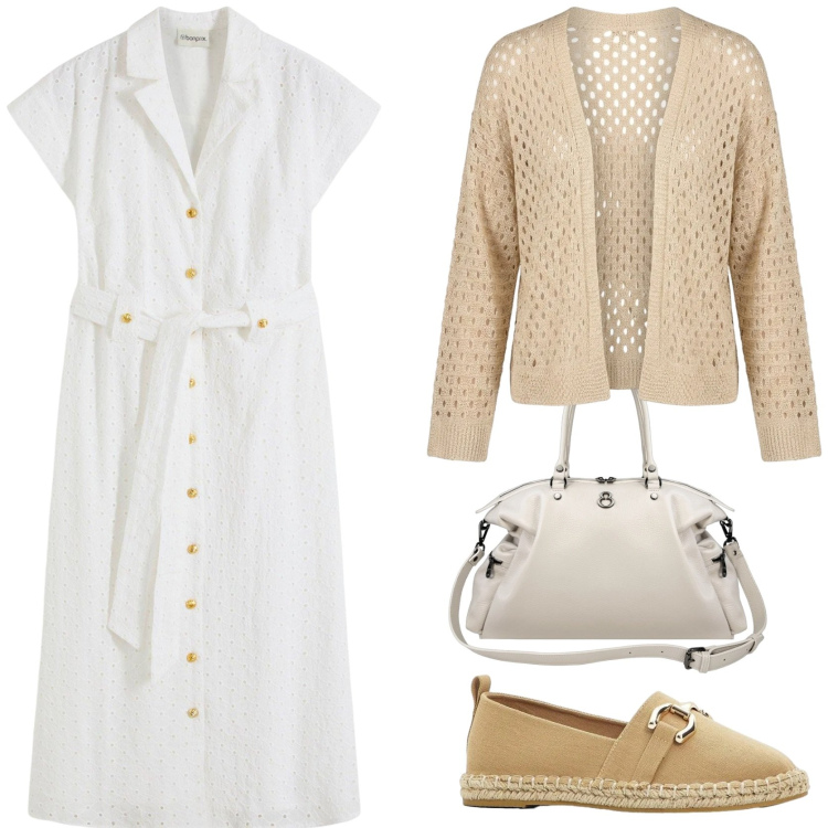 Outfit donna - Look autunnale. Stile Chic per Tutti i giorni. Abbinamento con vestiti chemisier, espadrillas, shopping bag, cardigans.