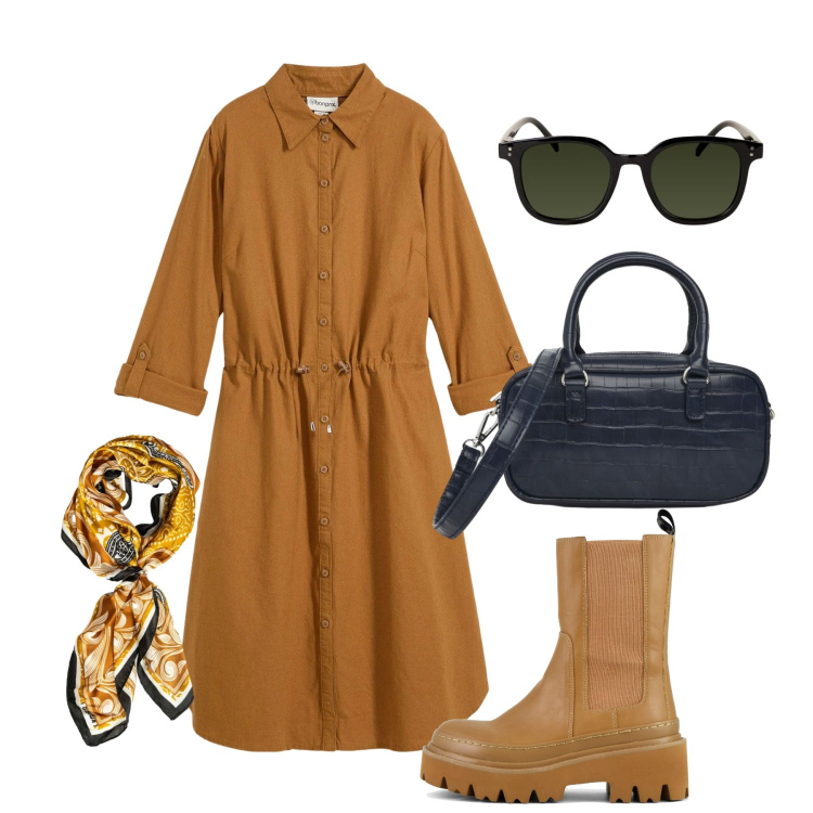 Outfit donna - Settembre. Stile Trendy per Tutti i giorni. Abbinamento con vestiti chemisier, borse a tracolla, occhiali da sole, foulard, stivaletti chelsea.