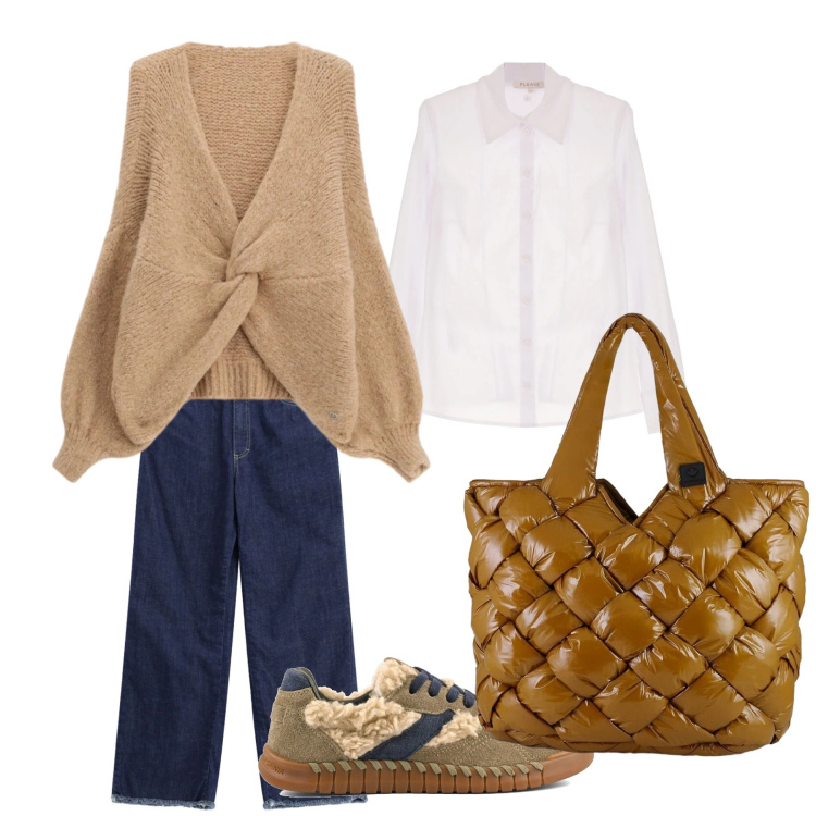 Outfit donna - Back to University. Stile Casual per Scuola/Università. Abbinamento con cardigans, camicie, jeans dritti, borse tote, sneakers.