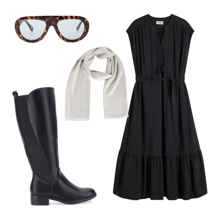 Outfit donna - Settembre. Stile Glamour per Tutti i giorni. Abbinamento con vestiti chemisier, occhiali da sole, foulard, stivali.