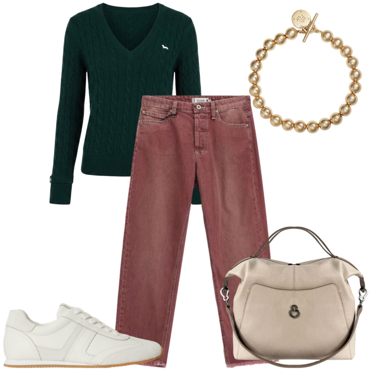Outfit donna - Total look #2463706. Stile Casual chic per Tutti i giorni. Abbinamento con maglieria, jeans dritti, borse a mano, braccialetti, sneakers.