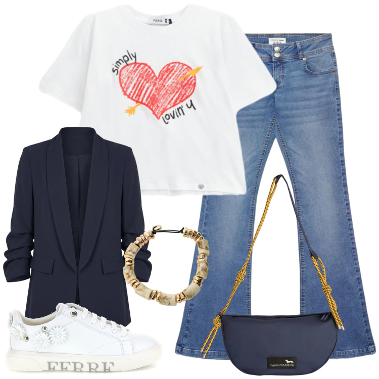 Outfit donna - Total look #2463707. Stile Casual chic per Tutti i giorni. Abbinamento con borse a tracolla, braccialetti, jeans a zampa, t-shirt, blazer, sneakers.