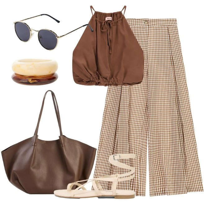 Outfit donna - Sandali flat. Stile Boho per Tutti i giorni. Abbinamento con occhiali da sole, shopping bag, sandali, pantaloni a palazzo, braccialetti, top.