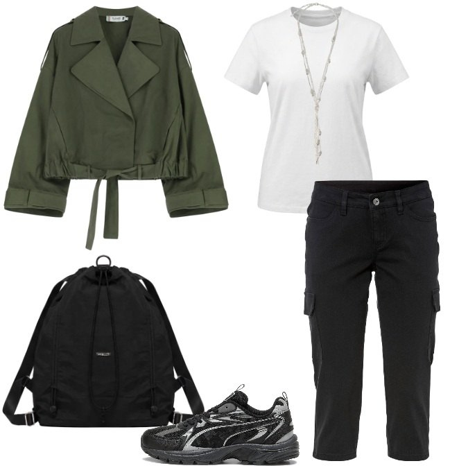Outfit donna - Total look #2463715. Stile Urban per Tutti i giorni. Abbinamento con pantaloni, parka, zaini, collane, t-shirt, sneakers.
