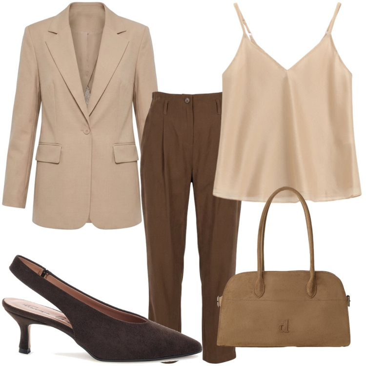 Outfit donna - Marrone per il ritorno in ufficio. Stile Chic per Ufficio. Abbinamento con top, borse a spalla, blazer, pantaloni, décolleté.
