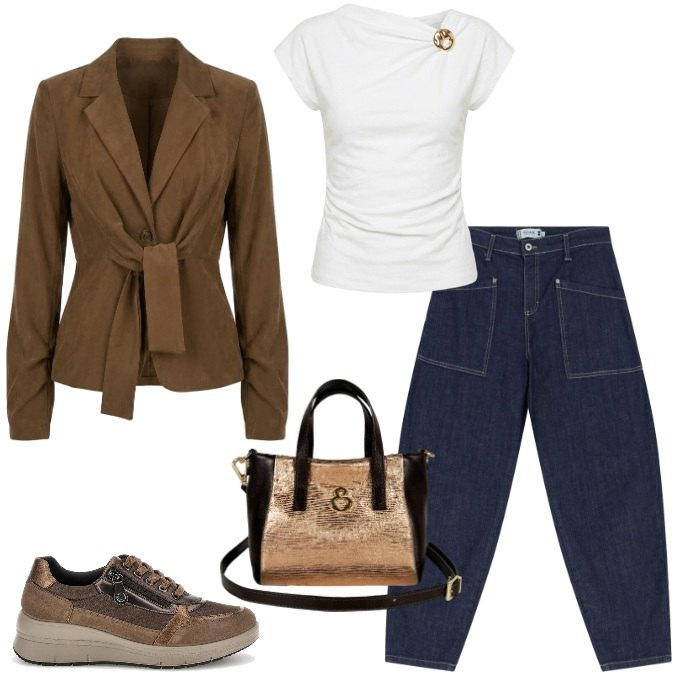 Outfit donna - Sofisticato e versatile. Stile Trendy per Ufficio. Abbinamento con jeans, borse a mano, t-shirt, blazer, sneakers.