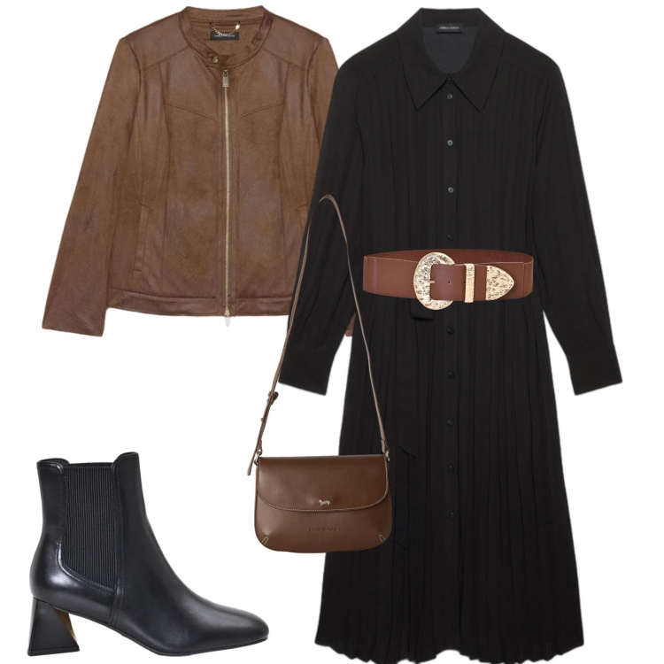 Outfit donna - Chemisier autunnale. Stile Casual chic per Serata fuori. Abbinamento con borse a tracolla, stivaletti, cinture, blazer, vestiti chemisier.