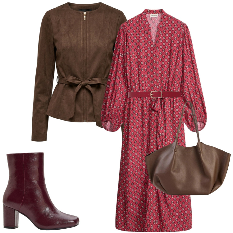 Outfit donna - Chemisier autunnale. Stile Casual chic per Ufficio. Abbinamento con shopping bag, vestiti chemisier, stivaletti, cinture, blazer.