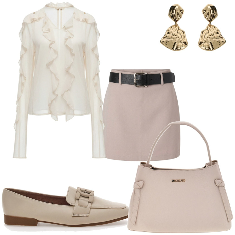 Outfit donna - look da città e uscite serali. Stile Casual chic per Tutti i giorni. Abbinamento con minigonne, orecchini, bluse, mocassini, borse a tracolla.