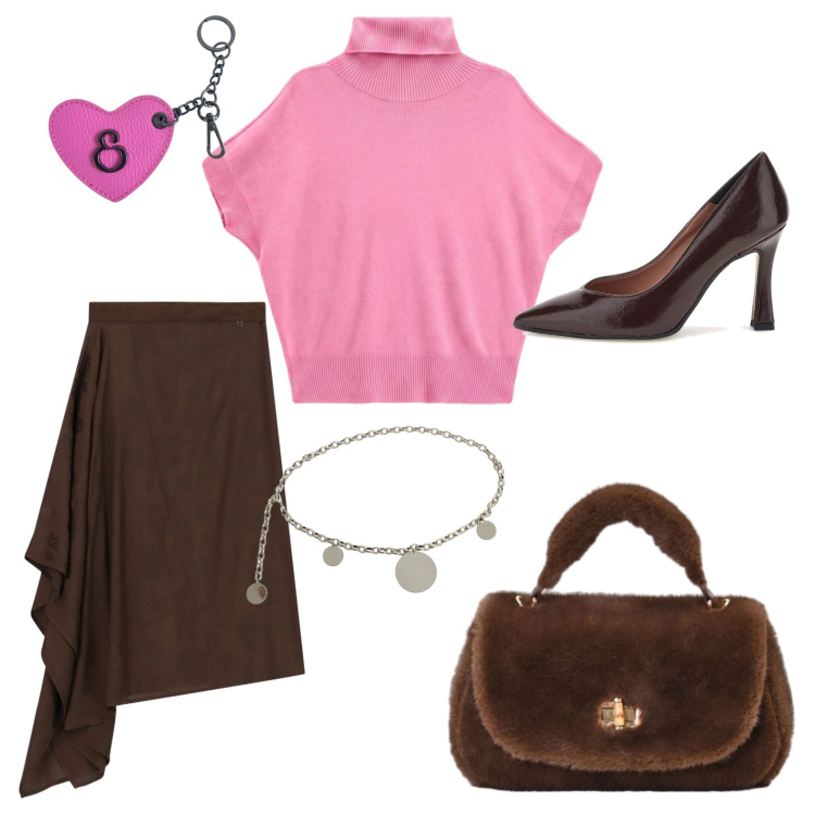 Outfit donna - Gioco di forme. Stile Trendy per Serata fuori. Abbinamento con pullovers, cinture, gonne longuette, borse a mano, portachiavi, décolleté.