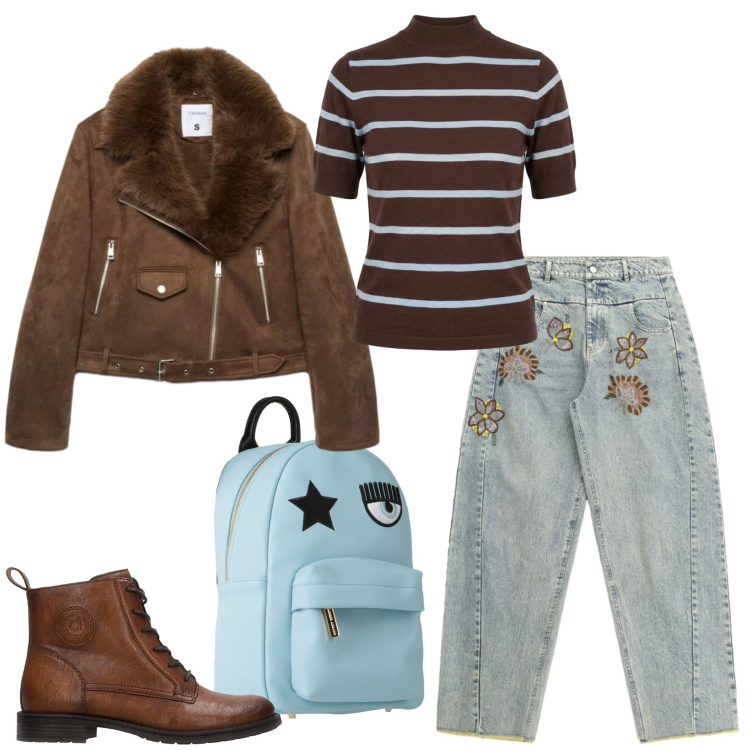 Outfit donna - Semplice ma non banale. Stile Casual per Tutti i giorni. Abbinamento con zaini, jeans, giacche, maglieria, anfibi.