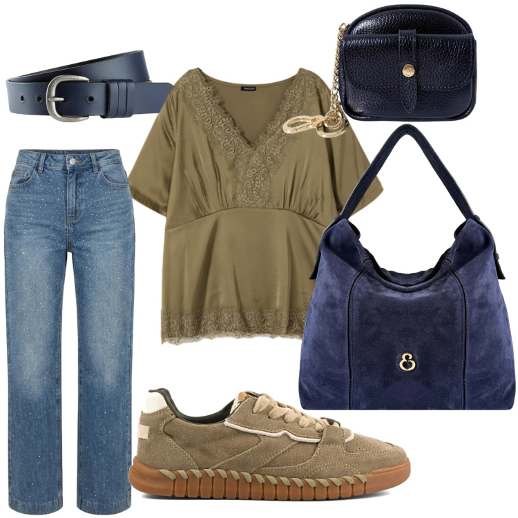 Outfit donna - Pizzo military. Stile Casual per Tutti i giorni. Abbinamento con cinture, bluse, borse a spalla, portachiavi, jeans, sneakers.