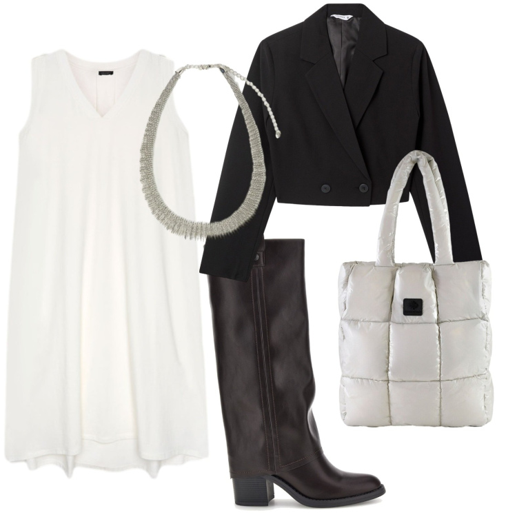 Outfit donna - Jersey di sera. Stile Casual per Serata fuori. Abbinamento con blazer, vestiti lunghi, collane, shopping bag, stivali.
