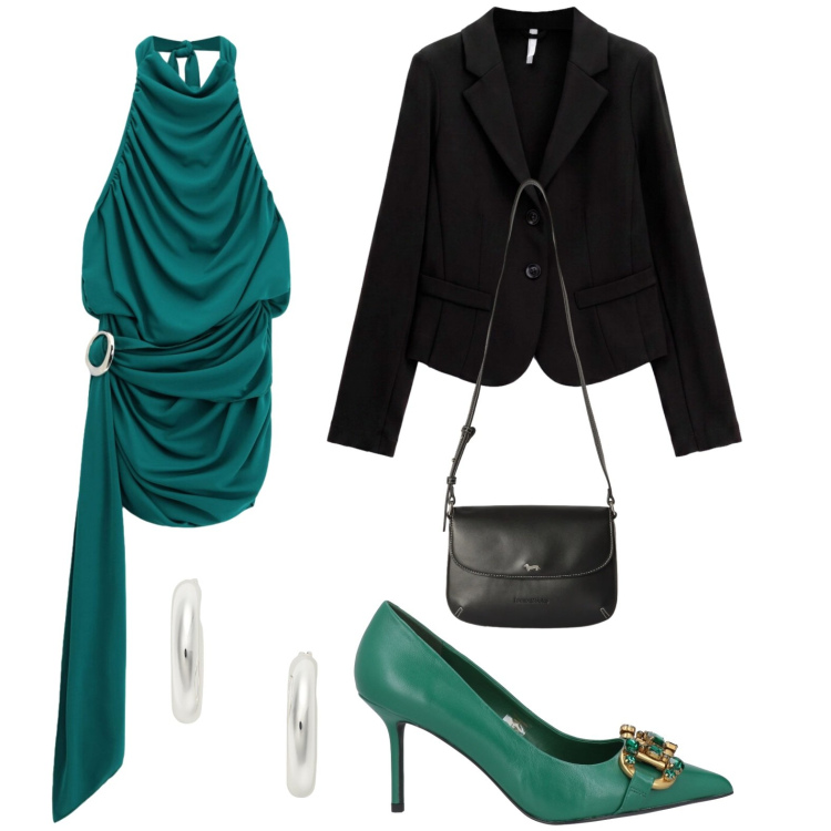 Outfit donna - Abito drappeggiato. Stile Glamour per Serata fuori. Abbinamento con décolleté, borse a tracolla, blazer, vestiti corti, orecchini.