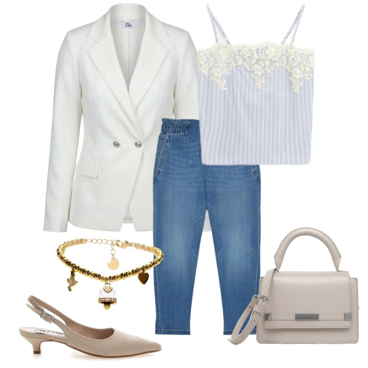 Outfit donna - Una giornata di settembre. Stile Romantica per Tutti i giorni. Abbinamento con borse a tracolla, blazer, braccialetti, top, jeans, décolleté.