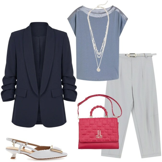 Outfit donna - Perfetta in ufficio. Stile Chic per Ufficio. Abbinamento con bluse, collane, pantaloni, blazer, borse a mano, décolleté.