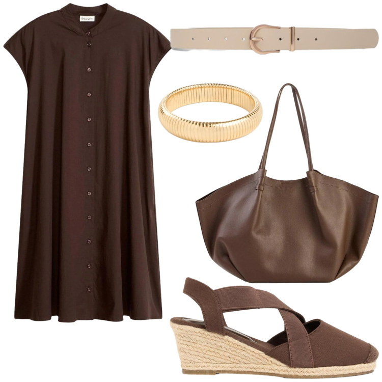 Outfit donna - Indispensabile chemisier. Stile Casual chic per Tutti i giorni. Abbinamento con vestiti chemisier, shopping bag, braccialetti, zeppe, cinture.