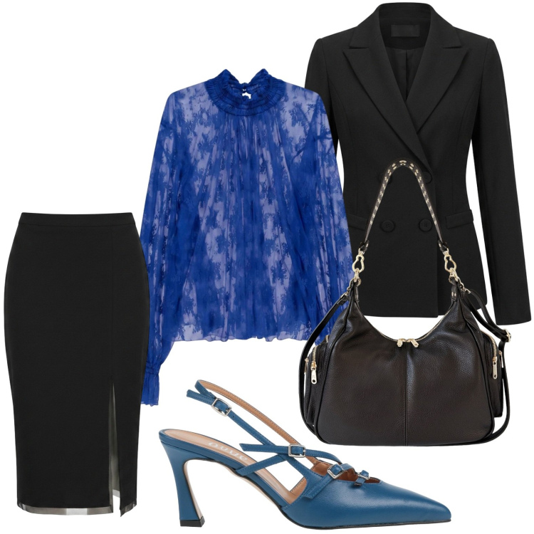 Outfit donna - Bluette ammaliante. Stile Casual per Ufficio. Abbinamento con décolleté, bluse, gonne longuette, borse a spalla, blazer.