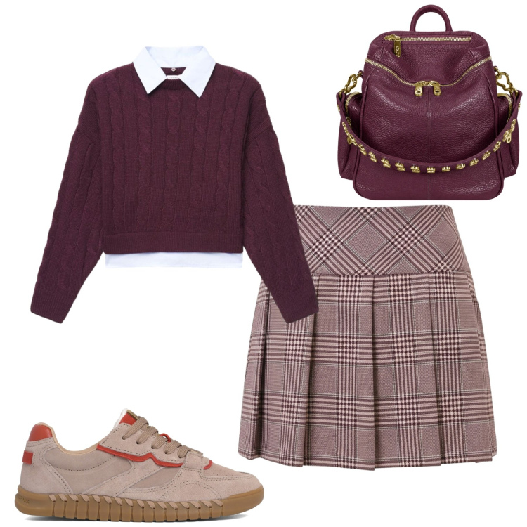 Outfit donna - City. Stile Preppy per Tutti i giorni. Abbinamento con maglieria, minigonne, zaini, sneakers.