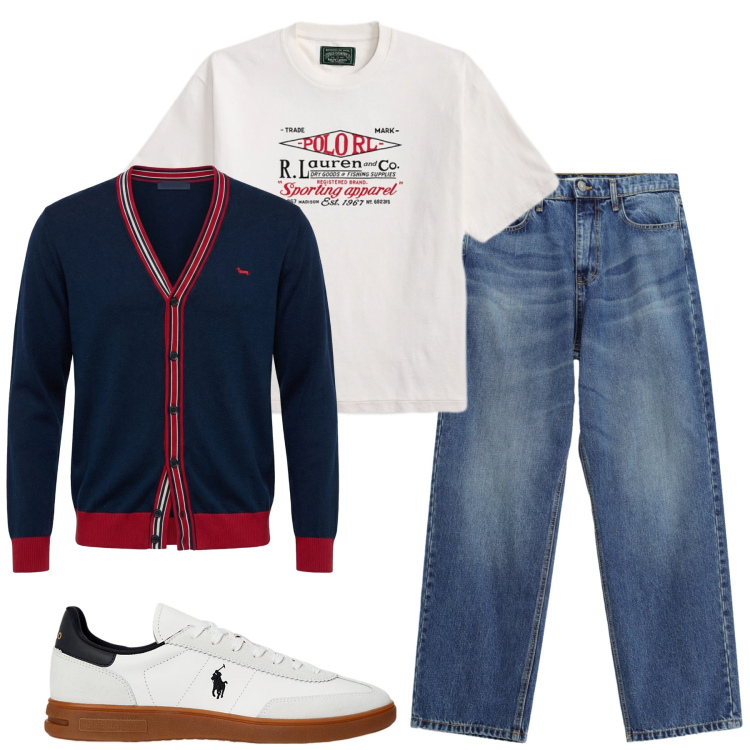 Outfit uomo - City. Stile Casual per Tutti i giorni. Abbinamento con cardigans, jeans, sneakers, t-shirt.